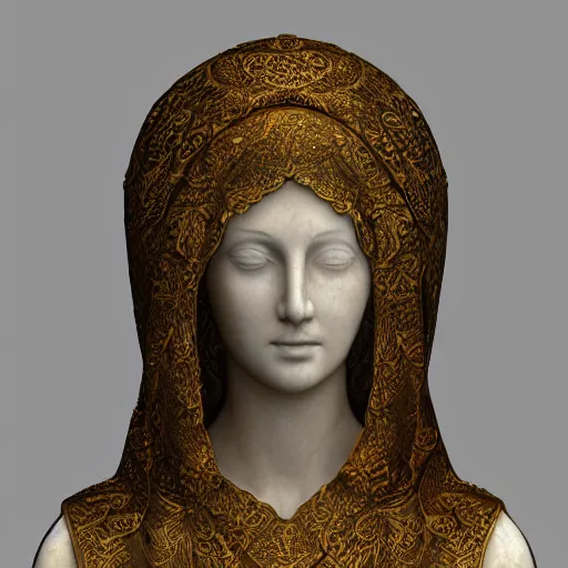 Image similar to a marble sculpture of the veiled virgin , !face, !female, covered in intricate !detailed golden streaked !!sheer !!!!!veil , physically based rendering, photo realistic, top light , dark background