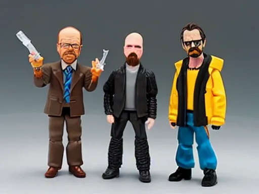 Prompt: a breaking bad action figure set with Saul Goodman, Walter white, and Jesse pinkman