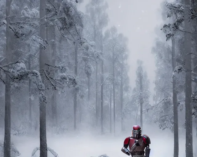 Prompt: a mandalorian with a red and grey helmet facing a long dark haired man, from side view close up, in a snowy forest setting, hard edges concept art, highly detailed, great cinematic lighting, 8 k, depth of field, 3 d, art by greg rutkowski, trending on artstation, cinematographic shot