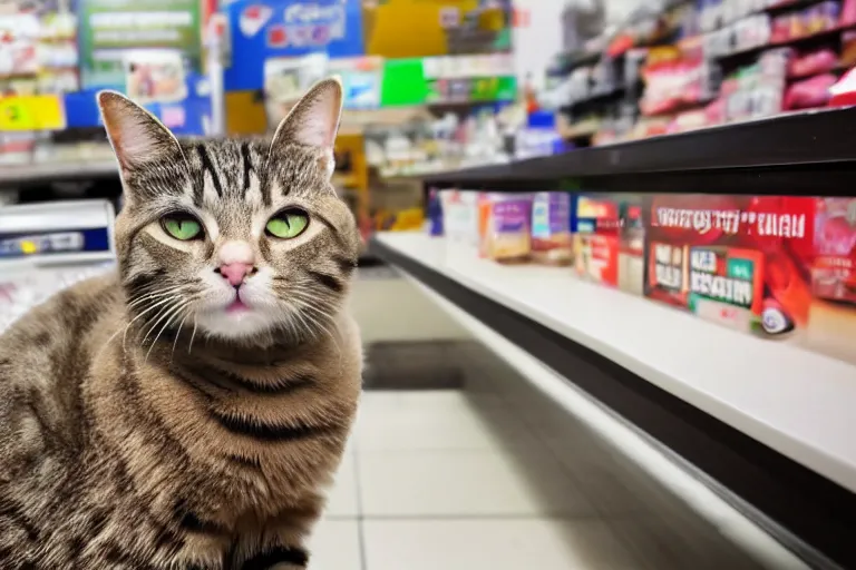 Image similar to cat on the counter in 7 - eleven next to a carton of cigarettes wide angle lens