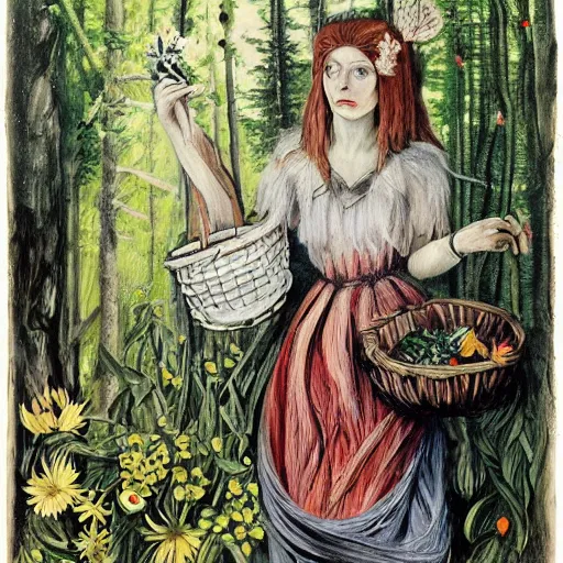 Prompt: In the experimental art Vasilisa can be seen standing in the forest, surrounded by animals. She is holding a basket of flowers in one hand and a spindle in the other. Her face is turned towards the viewer, with a gentle expression. In the background, the forest is depicted as a dark and mysterious place. american romanticism, Pokémon by Lucian Freud, by Marjorie Miller defined, blocks