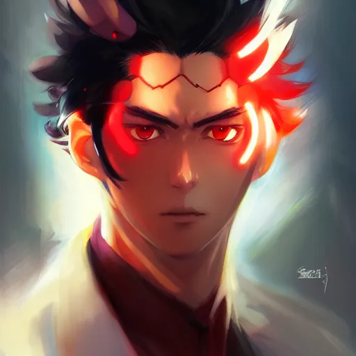 Image similar to anime portrait of a slick black hair guy with red eyes by stanley artgerm lau, wlop, rossdraws, james jean, andrei riabovitchev, marc simonetti, and sakimichan, trending on artstation