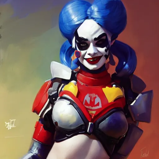 Image similar to greg manchess portrait painting of armored harley quinn as overwatch character, medium shot, asymmetrical, profile picture, organic painting, sunny day, matte painting, bold shapes, hard edges, street art, trending on artstation, by huang guangjian and gil elvgren and sachin teng