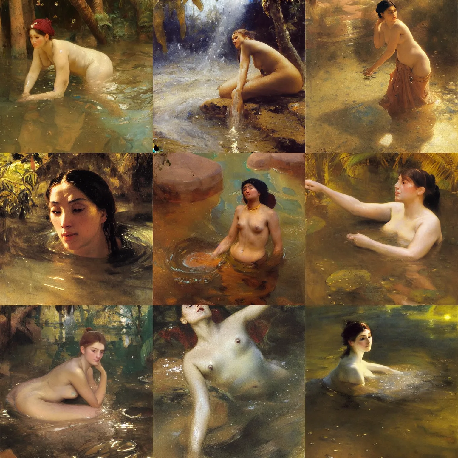 Prompt: orientalism painting of a woman submerged in a murky brown river with head emerging from water motion looking up at viewer by theodore ralli and nasreddine dinet and anders zorn and nikolay makovsky and edwin longsden long, oil on canvas, masterful intricate artwork, excellent lighting, high detail 8 k