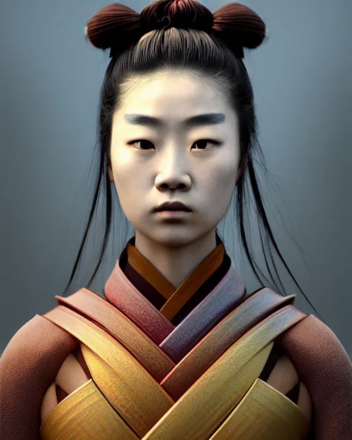 Prompt: front facing portrait of samurai, female, prismatic highlights, atmosphere, brown skin, beautiful, depth of field, cinematic, macro, concept art, 50mm, artstation, digital painting, elegant, epic, focus, octane render, v-ray, 8k, lomo, art by Yoshitaka Amano, art by Zeng Fanzhi