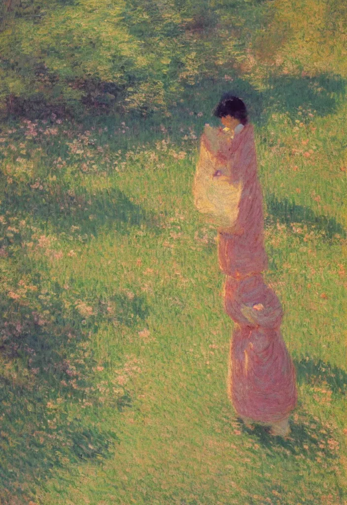 Image similar to tiny character in front of a beautiful japanese country side landscape, amazing ryokan, lofi vibe, vivide colors, amazing light, really beautiful nature, oil painting, impressionist style, by jeremy lipkin, by claude monet, by ghibli, kandinsky touches, multiple brush strokes, masterpiece