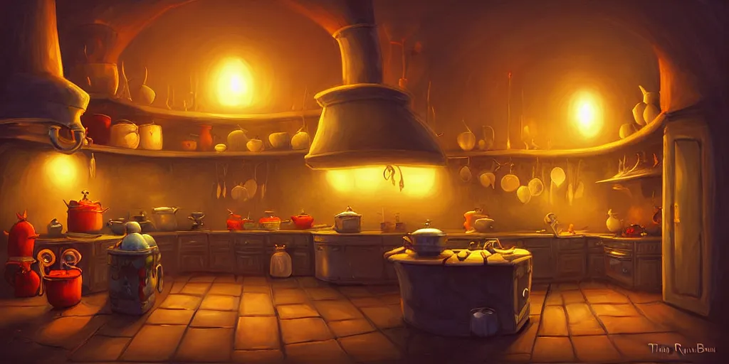 Prompt: curved perspective digital art of a dim lit kitchen from Tim Burtons Nightmare Before Christmas by Andreas Rocha