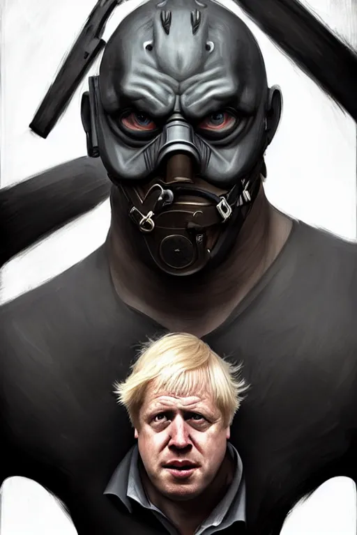 Image similar to Boris Johnson as a Bane from Dark Knight, Boris Johnson hairstyle, realistic portrait, symmetrical, highly detailed, digital painting, artstation, concept art, smooth, sharp focus, illustration, cinematic lighting, art by artgerm and greg rutkowski and alphonse mucha