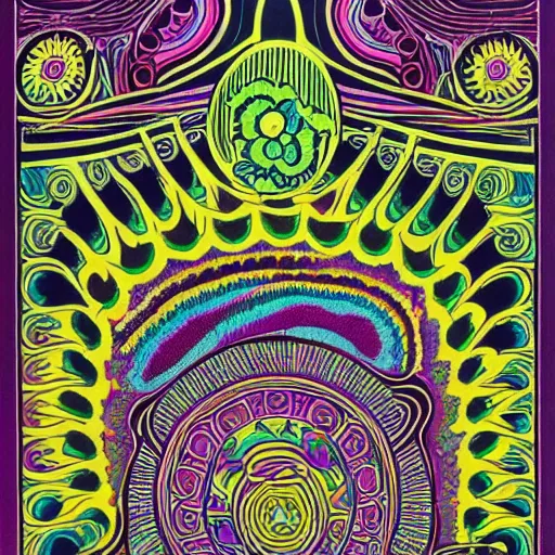 Image similar to Fillmore concert poster for The Bozone April 20, 1969 by Victor Moscoso and S. Clay Wilson, psychedelic, intricate paisley filigree mandala, day-glo colors, flowing lettering