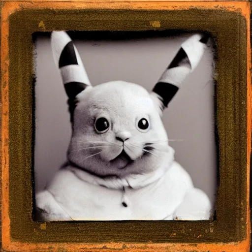 Prompt: Pikachu, colored collodion photograph