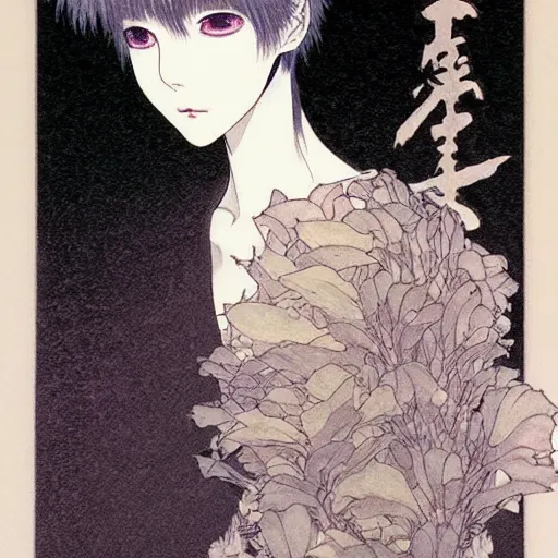 Image similar to prompt: Fragile looking soft light portrait face drawn by Takato Yamamoto and Katsuhiro Otomo, inspired by Ghost in Shell anime, magical and alchemical objects on the side, soft light, intricate detail, intricate ink painting detail, sharp high detail, manga and anime 2000