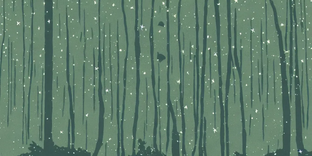 Prompt: a forest under the stars, 1940s faded risograph print, illustration, limited color palette, earthtones, double-exposure, astrophotography