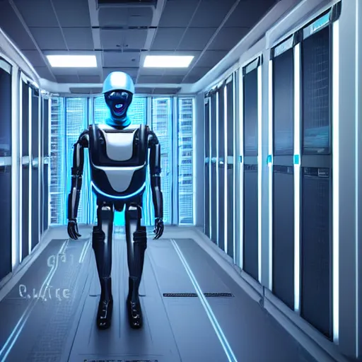 Image similar to hyperrealism stock photo of highly detailed stylish humanoid robot in futuristic sci - fi style by gragory crewdson and vincent di fate in the detailed data center by mike winkelmann and laurie greasley rendered in blender and octane render