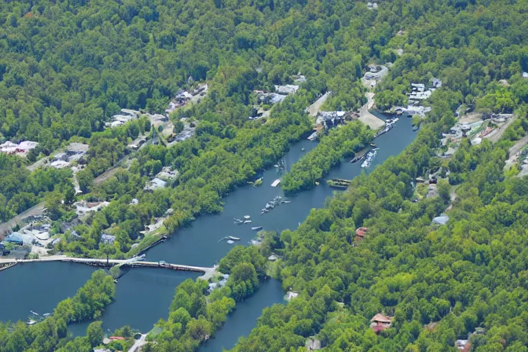 Prompt: bird's eye view of a city, trailer park, a road, bridge, and lagoon with docking area. forest and hills at the northern end