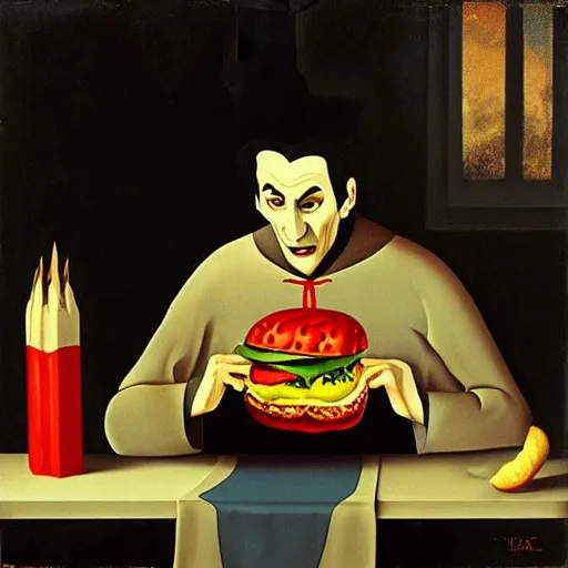 Prompt: Dracula eats a Hamburger, gothic painting