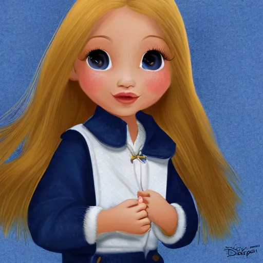 Image similar to a little portuguese girl with white - fair!!!!! skin, dirty blonde hair and blue eyes, wearing a disney land coat and blue jeans, 4 k, 8 k, photorealistic facial features