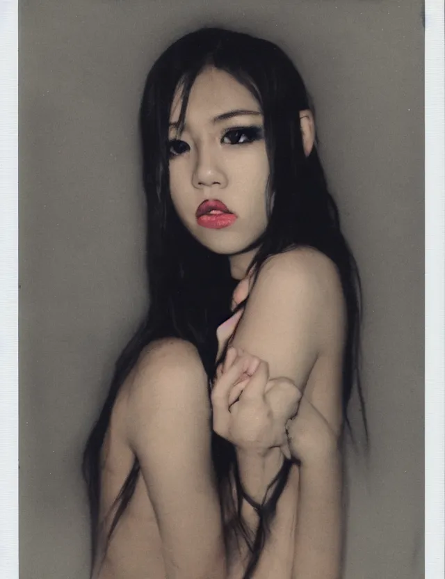 Image similar to polaroid photo with flash, girl sitting on a bad, heavy make up, grunge style, asian, polaroid photo bleached strong lights, kodak film stock, hyper real, stunning moody cinematography, with anamorphic lenses, by maripol, detailed