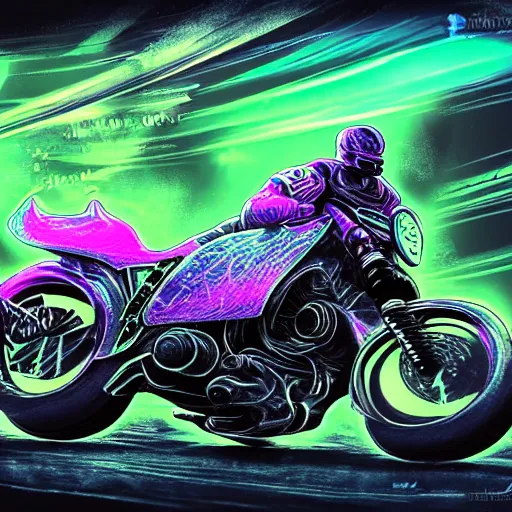 Image similar to psychedelic blacklight neon airbrush artwork, motorcycle, hyper stylized cinematic action shot of an orc in battle armor racing on a motorcycle, menacing orc, drifting, skidding, wheelie, clear focused details, soft airbrushed artwork, black background, post apocalypse, cgsociety, artstation