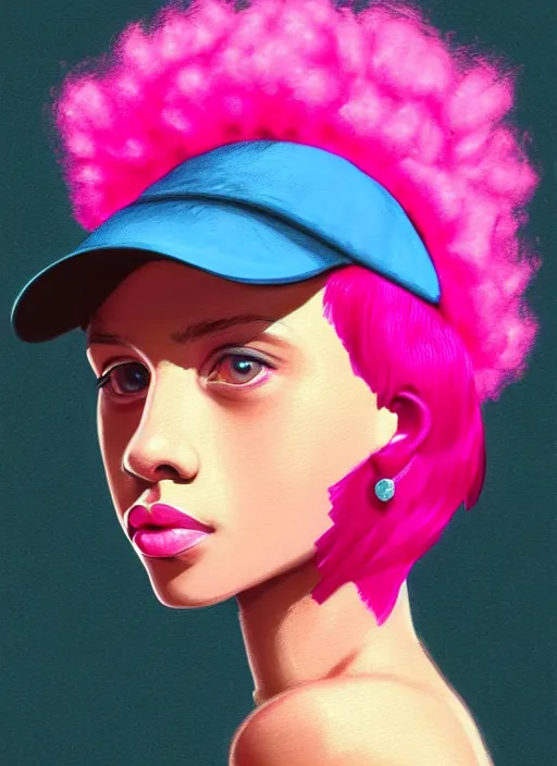 Image similar to portrait of teenage vanessa morgan with bright pink hair, black girl, curly pixie cut hair, wearing newsboy cap, pink short haircut, newsboy cap, hoop earrings, blue eyes, intricate, elegant, glowing lights, highly detailed, digital painting, artstation, concept art, smooth, sharp focus, illustration, art by wlop, mars ravelo and greg rutkowski