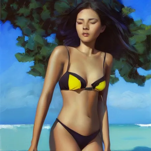 Prompt: oil painting by ilya kuvshinov,, baugh casey, artgerm craig mullins, coby whitmore, of a youthful black girl, long hair, fully clothed bikini at the beach, highly detailed, breathtaking face, studio photography, noon, intense bounced light, water reflection, large tree casting shadow, serine intense sunlight in the style of zack snyder