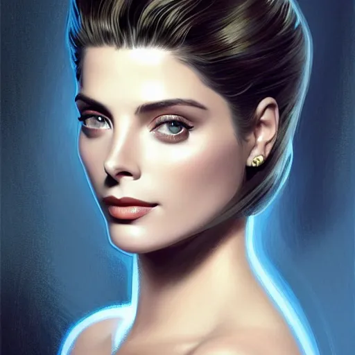 Prompt: Ashley Greene's face combined with Grace Kelly's face with short dark blue hair in elegant knight's armor, western, D&D, fantasy, intricate, elegant, highly detailed, digital painting, artstation, concept art, matte, sharp focus, illustration, art by Artgerm and Greg Rutkowski and Alphonse Mucha