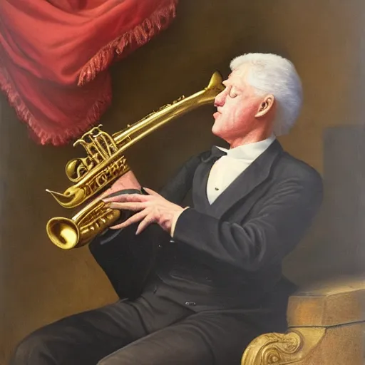 Image similar to Bill Clinton plays his saxophone while Washington D.C. burns, highly detailed, oil on canvas, 1883