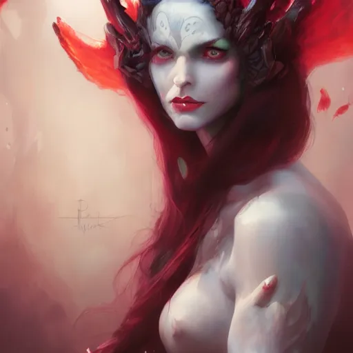 Image similar to portrait of the beautiful face of a demoness with pale skin and red eyes and long dark hair by pete mohrbacher and artgerm and wlop, digital art, highly detailed, Trending on Artstation HQ, unreal engine 5, 4K UHD image