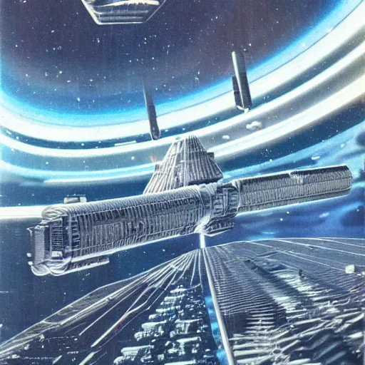 Image similar to megastructure floating in space, highly detailed 1 9 7 0 s scifi art