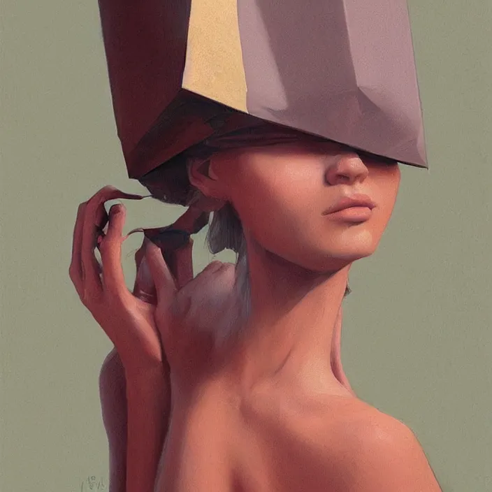 Image similar to woman portrait with a paper bag over the head and a sward, highly detailed, artstation, art by ilya kuvshinov, zdislav beksinski, wayne barlowe, edward hopper