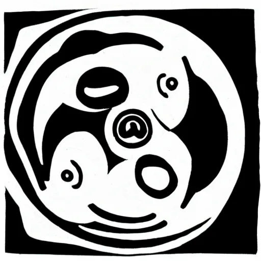 Prompt: a pregnant robot woman giving birth to a yin - yang daoist symbol emerging out of womb, full body black and white drawing