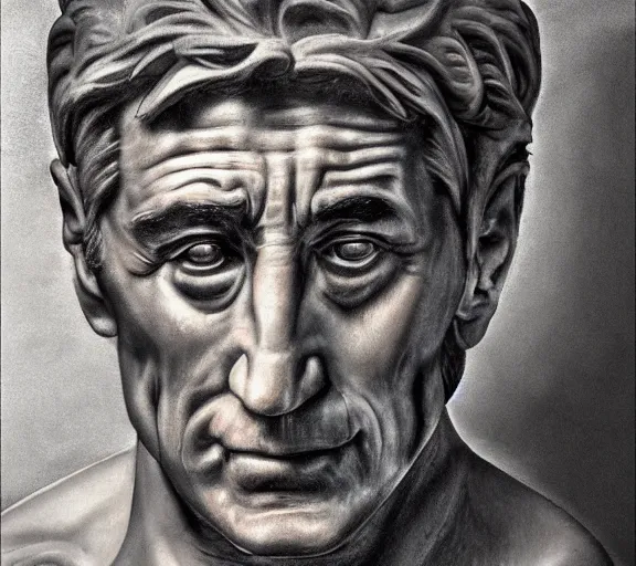 Prompt: a hyper-detailed photograph of Robert DeNiro by Michelangelo in the style of his masterpiece Creation of Man; anatomically correct; trending on artstation; f/1.4; 90mm