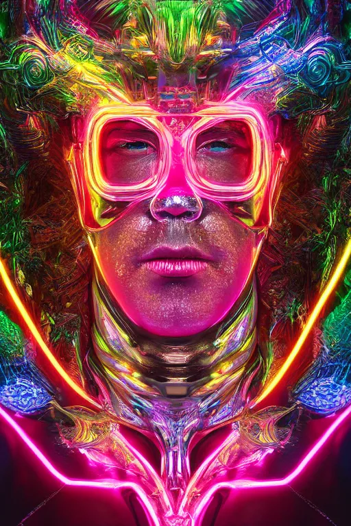 Image similar to hyper detailed ultra sharp portrait of baroque and bladerunner delicate neon ruby sculpture of seductive muscular nick jonas gorilla green radioactive humanoid deity wearing metallic hoody made out of leaves holding the sun prismatic dungeon, glowing rainbow face, crown of white diamonds, cinematic lighting, photorealistic, octane render 8 k depth of field 3 d