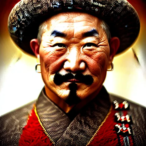Prompt: Photo of Genghis Khan, close-up, high detail, studio, ominous background, smoke, by Martin Schoeller