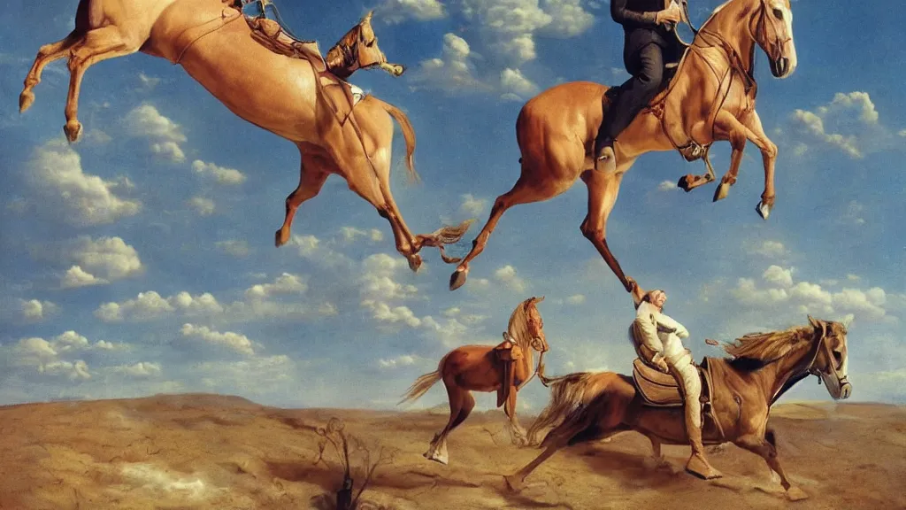 Prompt: a man is holding a horse, a horse is flying, a man is standing, a man is rooted to the ground, a horse riding an astronaut, surrealism, surrealist