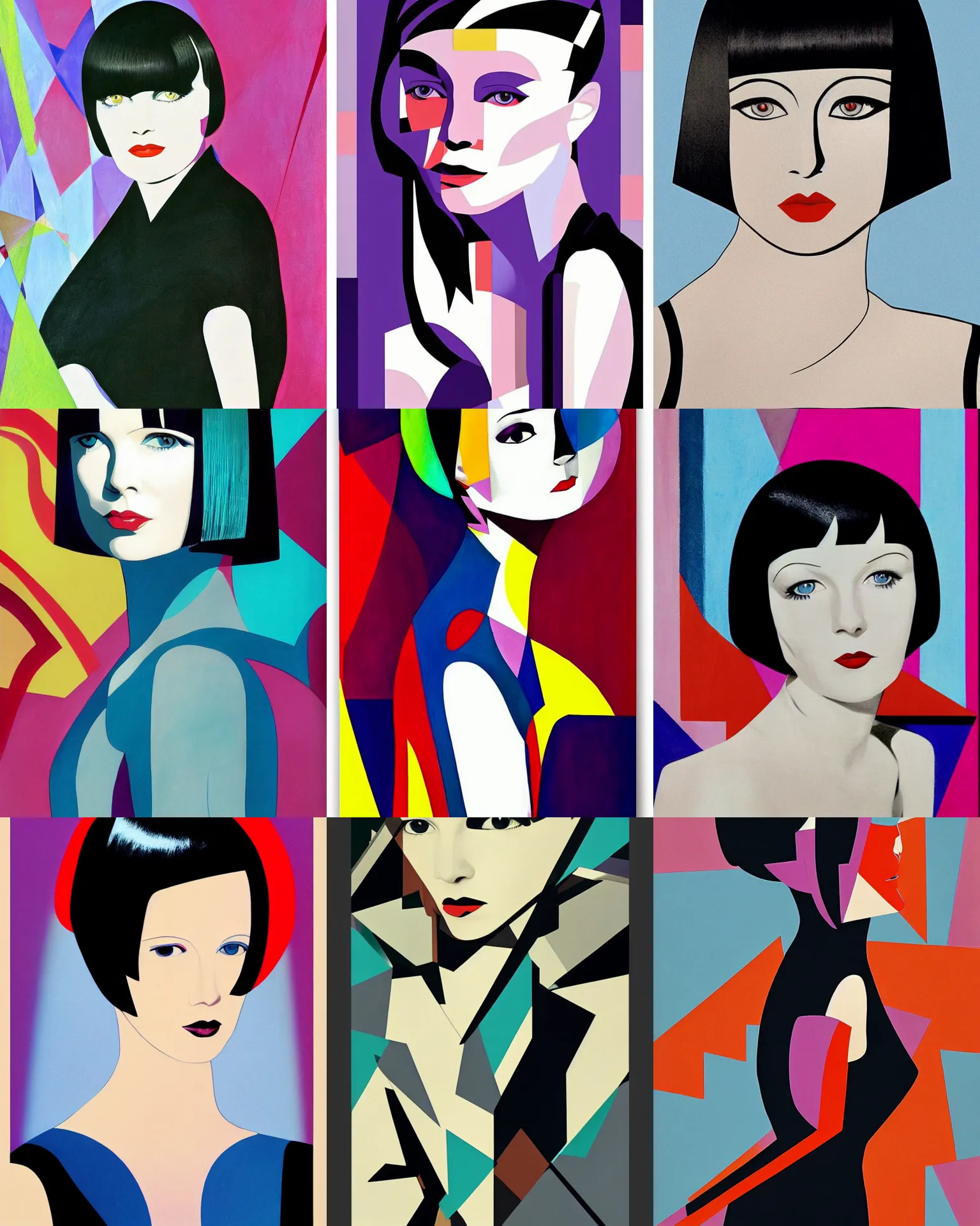 Prompt: full length portrait of mary louise brooks, shiny bob haircut, dramatic light, abstract art deco geometric shapes background, limited color palette, high contrast, sharp, painted by stanley lau,, painted by stanley artgerm,, painted by patrick nagel