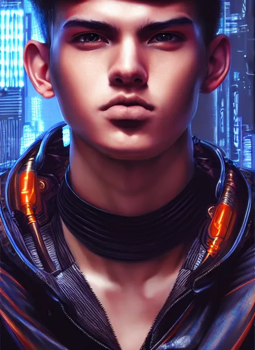 Image similar to photo of cyberpunk male teenager in the style of stefan kostic, realistic, sharp focus, 8 k high definition, insanely detailed, intricate, elegant, art by stanley lau and artgerm