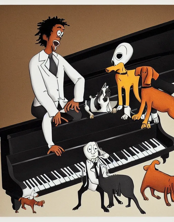 Image similar to a white person and a black person near the piano keyboard with two dogs by tim burton