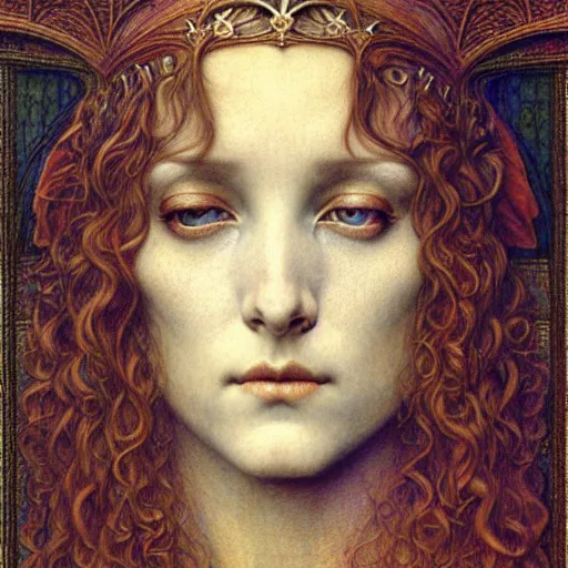 Image similar to detailed realistic beautiful young medieval queen face portrait by jean delville, gustave dore and marco mazzoni, art nouveau, symbolist, visionary, gothic, pre - raphaelite. horizontal symmetry