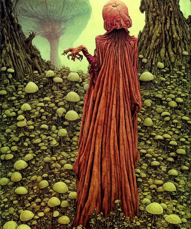 Image similar to A detailed funguswoman stands among the mushroom hills. Wearing a ripped mantle, robe. Perfect faces, extremely high details, realistic, fantasy art, solo, masterpiece, art by Zdzisław Beksiński, Arthur Rackham, Dariusz Zawadzki