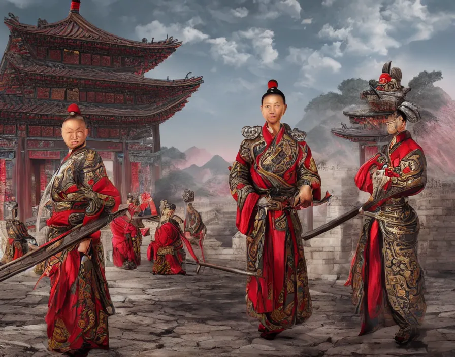 Image similar to ancient chinese military generals in old asian temple, beautiful texture, beautiful graphics, fantasy artwork, very beautiful scenery, hd, hdr, ue 5, ue 6, unreal engine 5, cinematic 4 k wallpaper, 8 k, ultra detailed, by popular digital, details, beautiful image ever created, high resolution, artstation, award winning