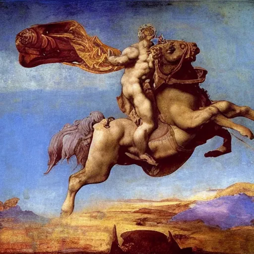 Prompt: Tragic Portrait of Phaethon the Demigod losing control of the chariot chariot that is the sun careening through the zodiac filled stratosphere Ilya Repin Michelangelo Buonarotti Leonardo Da Vinci masterpiece fresco quadratura Trompe-lœil