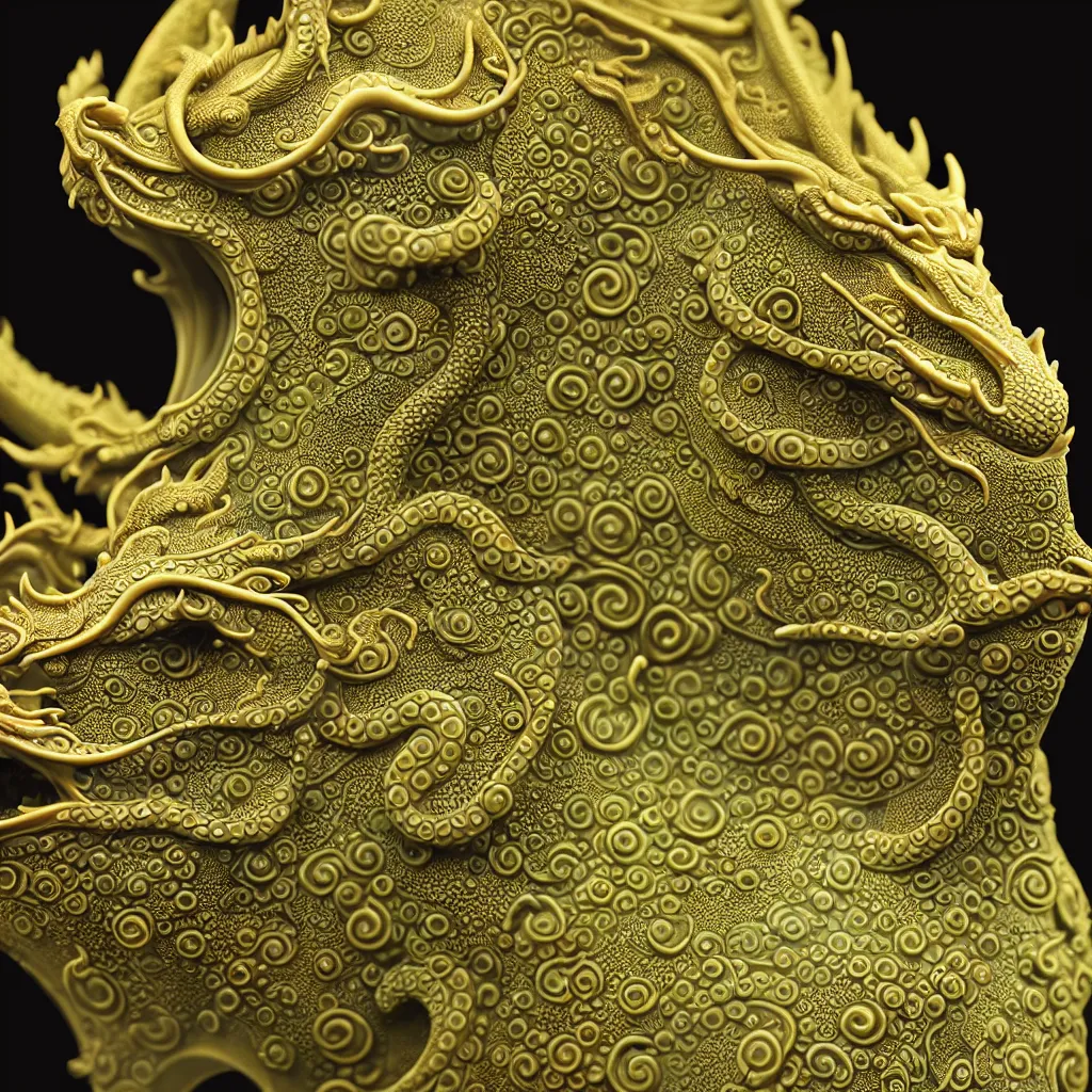 Prompt: a closeup photo - real delicate ceramic porcelain sculpture of an ornate detailed dragon in front of a intricate background by victo ngai and takato yamamoto, micro detail, backlit lighting, subsurface scattering, translucent, thin porcelain, octane renderer, gold and neon green, swirling pink aura, physically based rendering, japanese pottery, trending on cgsociety