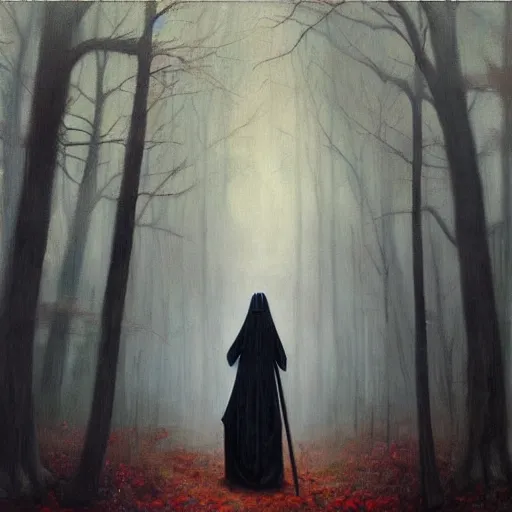 Prompt: an oil painting of a priestess in the woods by esao andrews. circa survive album cover art. dark. muted colors. gothic. oil painting with brush strokes. creepy.