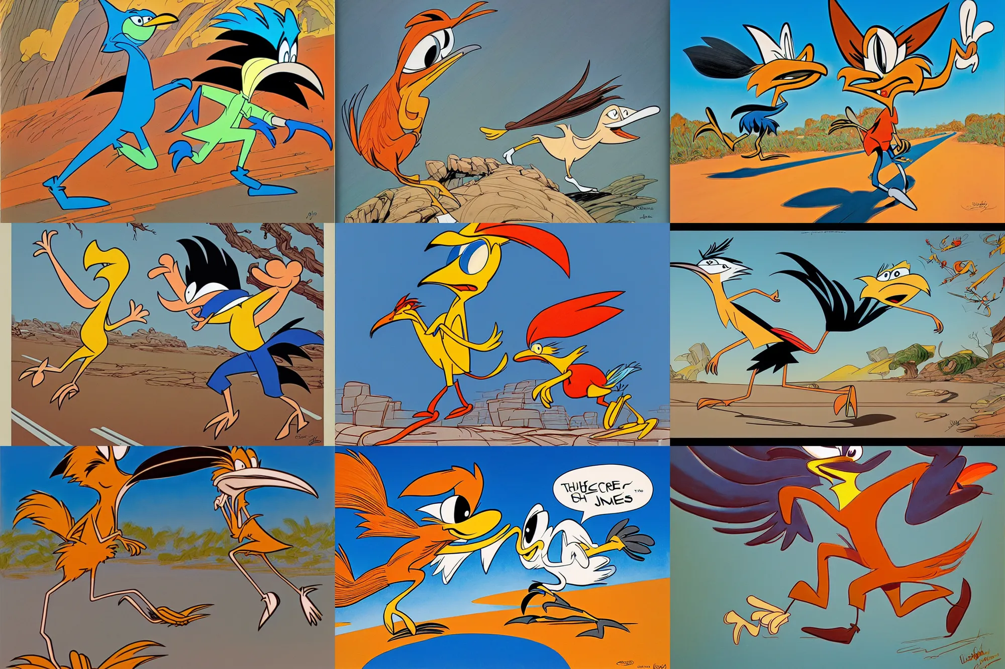 Prompt: the road runner by chuck jones and james jean