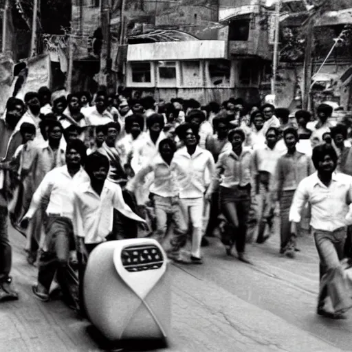 Prompt: 1980 photograph of a time machine landing in Dhaka