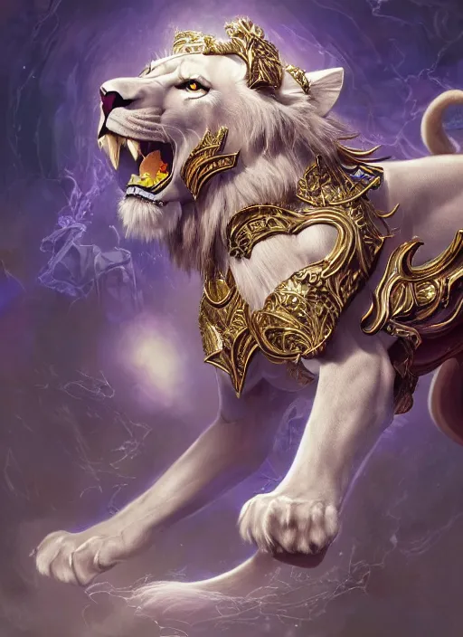 Image similar to anthropomorphized white lion hero casting magic bright light spell, smiling, casting spell, concept art, insanely detailed and intricate, hypermaximalist, elegant, ornate, hyper realistic, super detailed, art deco, cinematic, trending on artstation, magic the gathering artwork