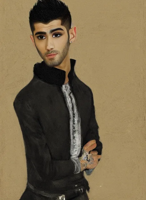 Prompt: portrait of zayn malik as an elf by turner, only one head single portrait, pointy ears, wearing a black leather collared jacket