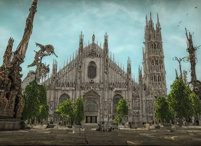 Prompt: duomo di milano post apocalyptic, vegetation, ultra realistic, insane details, cinematic, epic composition, unreal engine, octane render