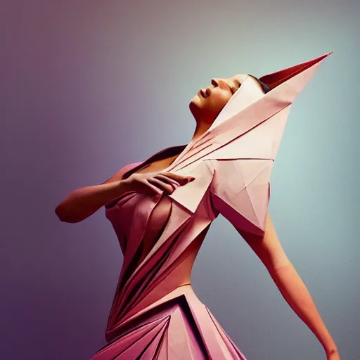 Image similar to 3 / 4 view of a ballerinal wearing an origami dress, eye - level medium shot, elegant, by eiko ishioka, givenchy, philippe druillet, by peter mohrbacher, centered, fresh colors, origami, fashion, detailed illustration, vogue, high depth of field, japanese, reallusion character creator