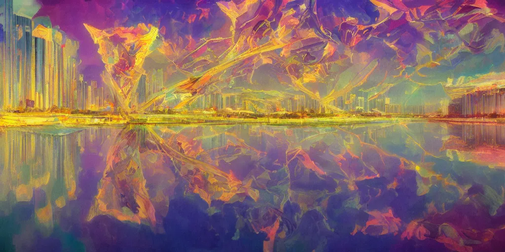 Prompt: A city with mirrors and a lake, which reflect itself, by Yanjun Cheng, Henri-Edmond Cross and Carne Griffiths, artstation